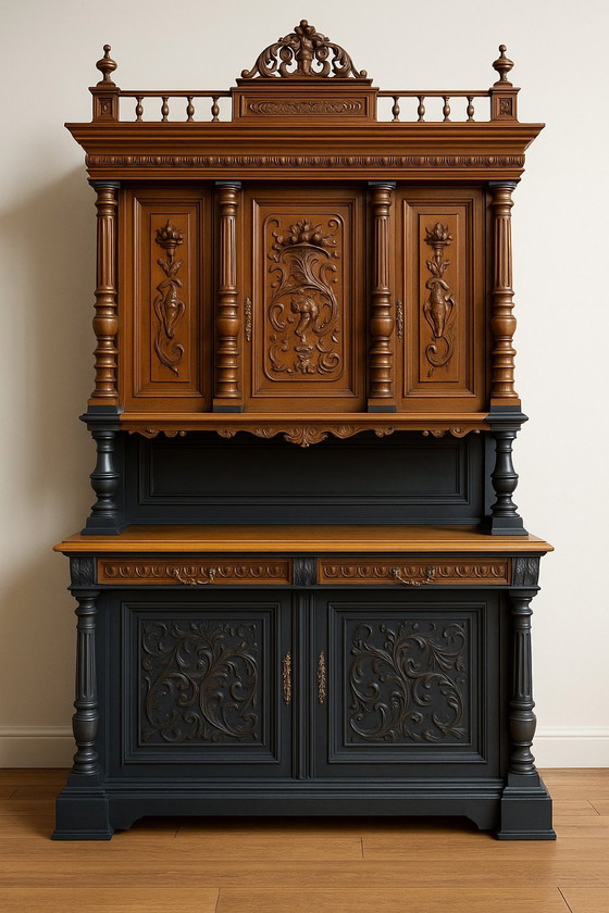 Image 1 of Antique Renaissance Sideboard Cabinet – Solid Wood – Hand-Carved