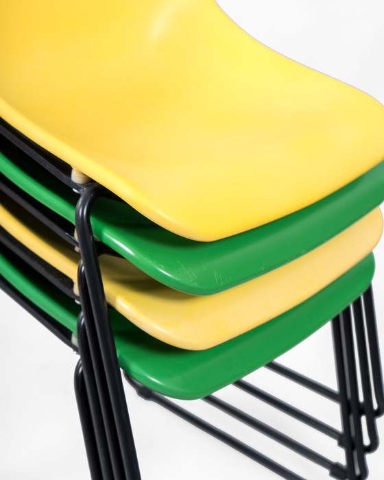 Image 1 of 4 X Green And Yellow Stackable Chairs Made Of Iron