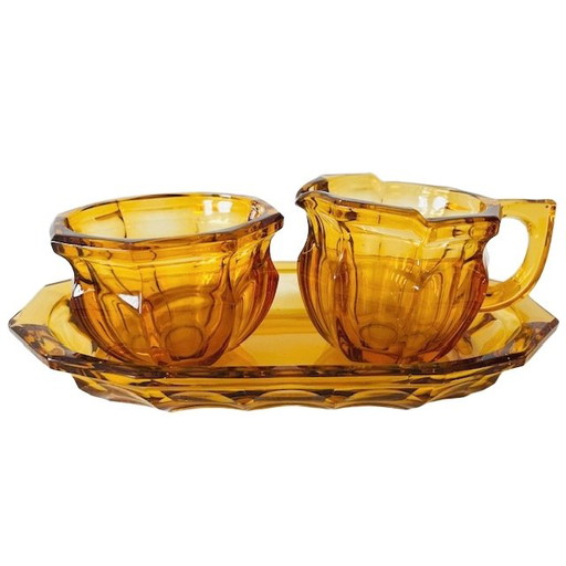 Service à crème en verre ambré Art déco avec plateau 1930