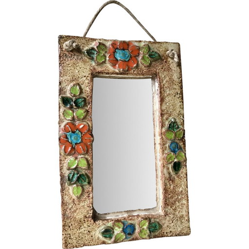 Vintage geëmailleerde keramische spiegel met bloemdecoratie voor La Roue Vallauris