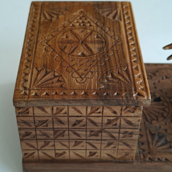 Image 1 of Hand-Carved Mechanical Bird Cigarette Dispenser | Folk Art Wooden Box | Working Mechanism