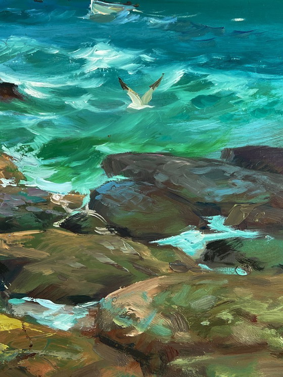 Image 1 of Dipinto ad olio originale: paesaggio marino con rocce, barca a vela, costa e onde del mare.