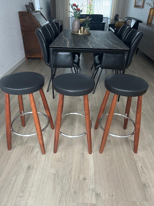 Carl Hanson & Son 3x walnut bar stools with leather seating