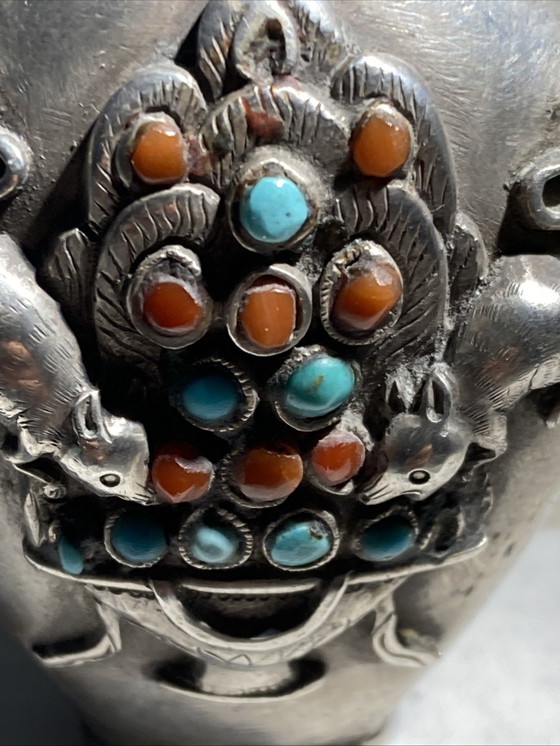 Image 1 of Antique kohl bottle, partially made of silver, inlaid with turquoise and coral