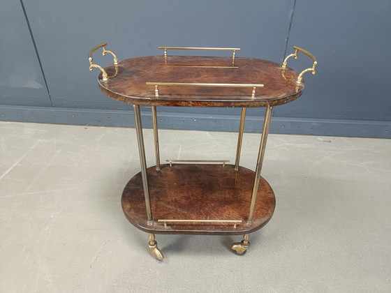 Image 1 of Chariot de bar italien en peau de chèvre laquée et parchemin par Aldo Tura, années 1960