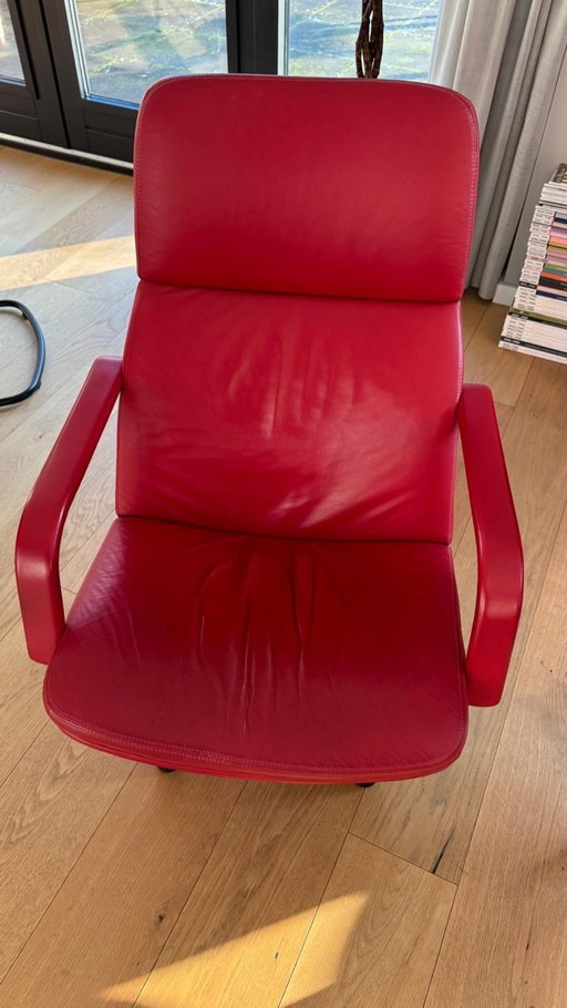 Artifort F154 rood leren designfauteuils (2x) met voetenbank