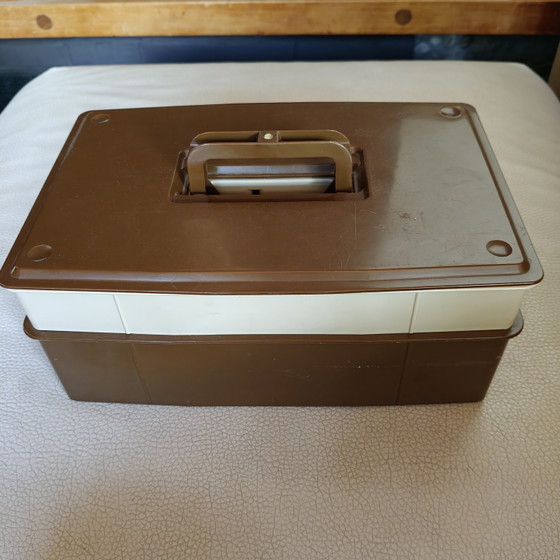 Image 1 of Scatola organizer vintage DBP Plastics Antwerp – contenitore portaoggetti marrone fumé, design belga anni '70