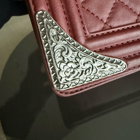 Image 1 of Chanel Boy Medium - 25CM Quilted Limited Edition Paris-Dallas Metal Edge Grained Calfskin Burgundy Silver Hardware Series 19