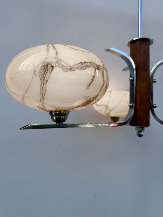 Image 1 of Lampadario Art Déco in cromo e vetro opalino marmorizzato