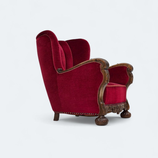 1960er Jahre Dänischer Relaxsessel, kirschrotes Möbelvelours, Eichenholz