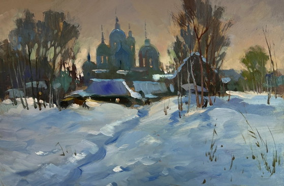 Image 1 of Original Oil Painting Winter Church Landscape View of the monastery in the evening
