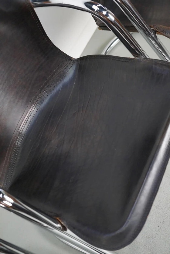 Image 1 of Set van vier bruine leren eetkamerstoelen, Willy Rizzo, jaren 1970