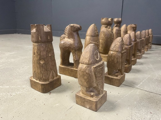 Image 1 of Großes, handgefertigtes Schachfigurenset aus Holz, 1960er Jahre