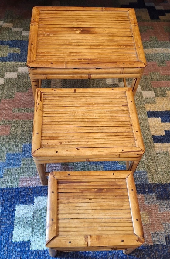 Image 1 of Mid Century Set of 3 Nesting Patinated Bamboo Tables, 1960s
