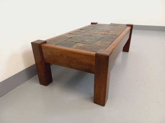 Image 1 of Table Basse Vintage Brutaliste en Chêne et Ardoise des Années 60-70