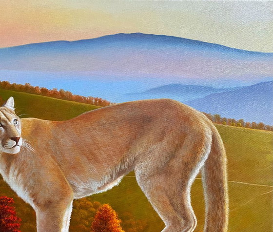 Original Oil Painting Portrait Animal Mountain Landscape Puma In The Wild – Paintings & Drawings, Canvas (photo 3 of 7)