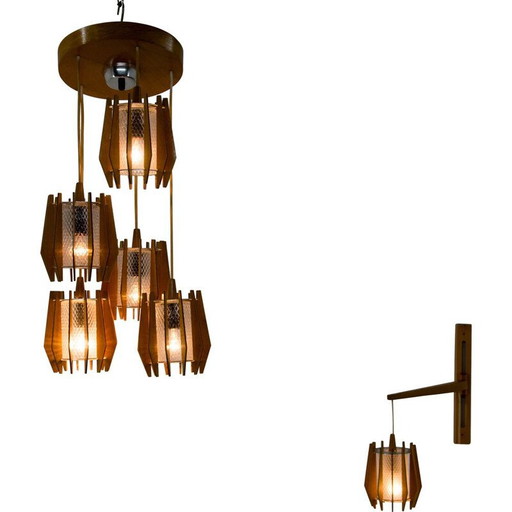 Kronleuchter und Leuchter aus Glas und Holz von Drevo Humpolec, Tschechische Republik 1970