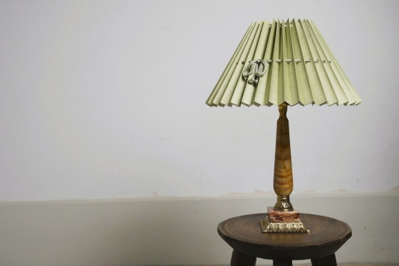 Image 1 of Vintage Pink Onyx Marble Table Lamp with Sage Green Pleated Shade, Italian Brass Bedside Lamp, Art Deco Hollywood Regency Accent