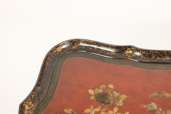 Image 1 of Coffee table with removable top in red and black lacquered wood. 1950s.