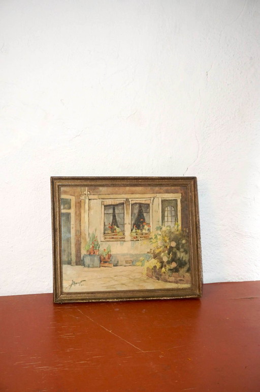 signed 1943 amsterdam watercolor * geraniums and lace curtain * vintage framed street scene * charming Dutch courtyard painting 