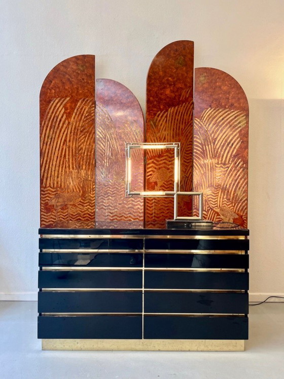 Image 1 of Commode en bois laqué bleu et laiton par Jean Claude Mahey vers 1970