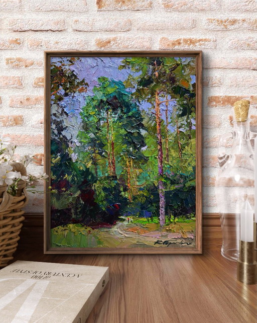 Original Oil Painting Summer Nature Landscape Along the Forest Path – schilderijen tekeningen, Canvas (photo 2 of 7)