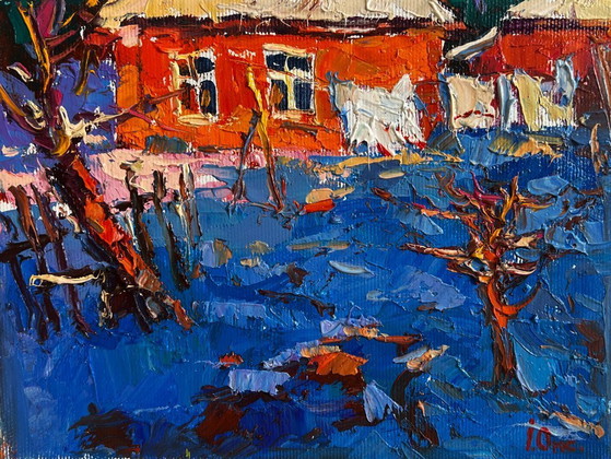 Image 1 of Original Oil Painting Morning House Landscape The last days of winter