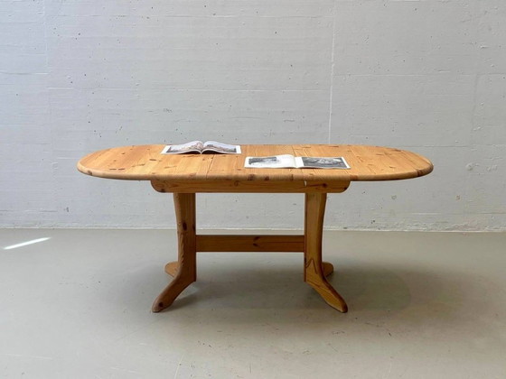 Round extendable vintage dining table made of solid pine wood, 1970s (photo 9 of 14)