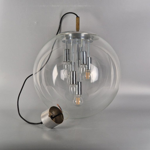 Vintage Space Age hanglamp, glas en verchroomd metaal, toegeschreven aan Doria Leuchten (jaren 60)