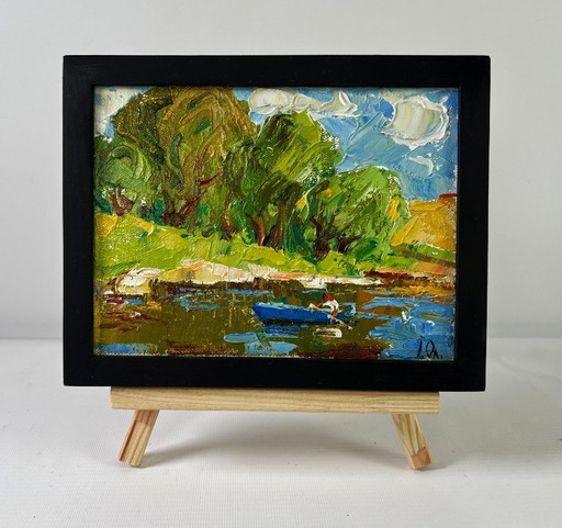 Original Oil Painting Summer Coastal Landscape Willows by the pond
