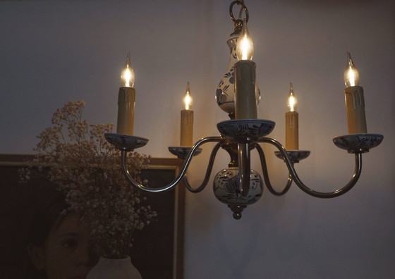 Image 1 of Antique Delft Blue Porcelain Chandelier Dutch Ceramic Ceiling Light Blue White Farmhouse Cottagecore Lighting