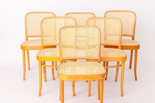 Set van 6 Vintage Ligna Buighouten Eetkamerstoelen – Gerestaureerde Beukenhouten Frames, Nieuwe Wiener Geflecht Zittingen & Rugl