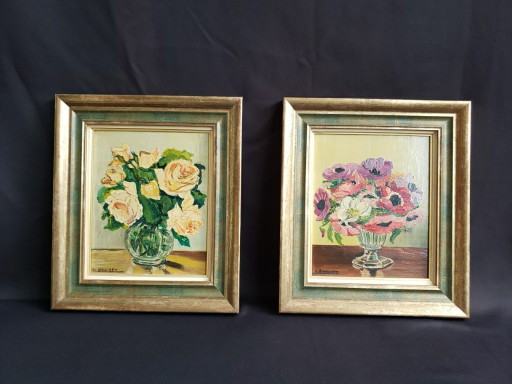 Paar Ölgemälde auf Holztafel "Strauß gelber Rosen" und "Strauß Anemonen"
