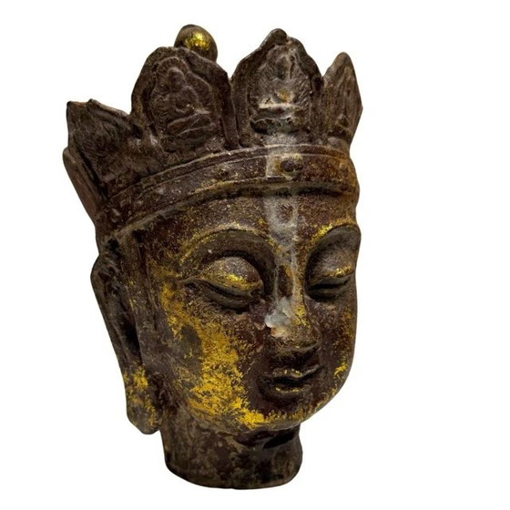 Paar Ksitigarbha (Dizang Pusa) Köpfe – Vergoldetes Gusseisen, China, 18.-19. Jahrhundert – Bildhauerei (photo 11 of 19)