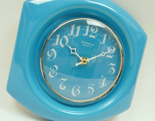 Reloj de pared de cerámica azul vintage, reloj de cocina Dugena Herbolzheimer, años 60 y 70, cerámica de Alemania Occidental.