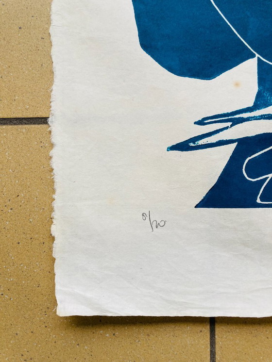 Image 1 of Libbe Venema - Linogravure vintage - Années 1970/80 - Bleu