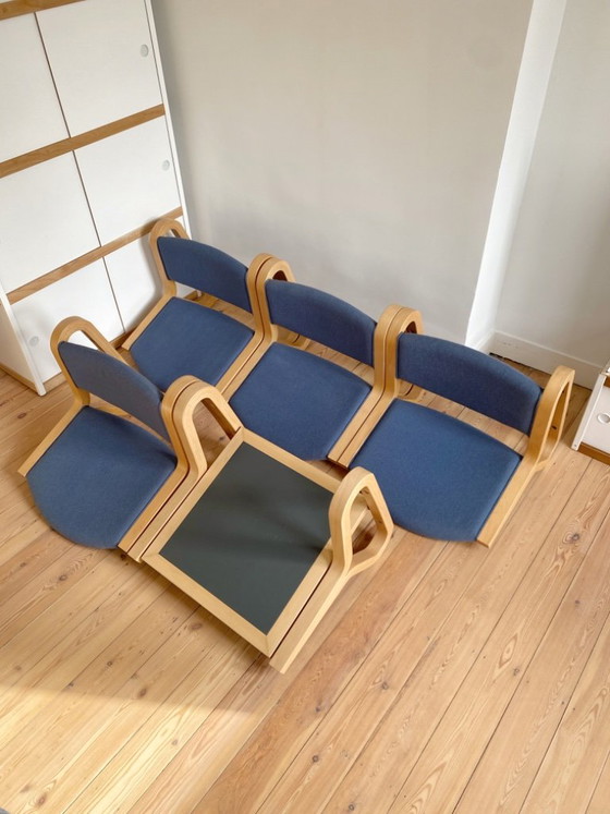 Vintage 4 Danish Wall Chairs + 1 Table Magnus Olesen – Chairs and lounge chairs, Textile, Wood (photo 9 of 14)
