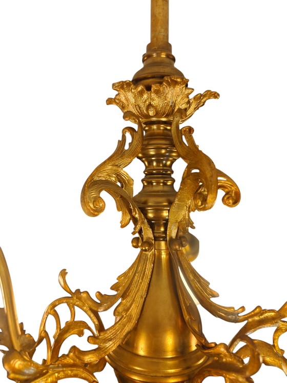 Image 1 of Große Messing-Hängeleuchte im Hollywood-Regency-Stil – 5-flammig mit Opalglas (Ø ca. 92 cm)