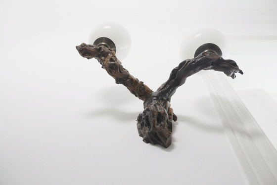 Image 1 of  Vintage Driftwood Wall Lamp Double Opaline Globe Sconce Vine Root Light Fixture Organic Brutalist Lighting Handmade Wall Light 