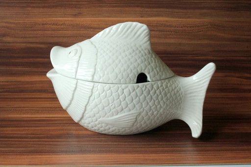 Large white ceramic fish-shaped tureen with lid