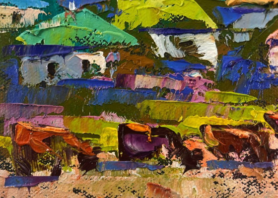 Image 1 of Original Oil Painting Day Village Landscape Spring silence above the pond