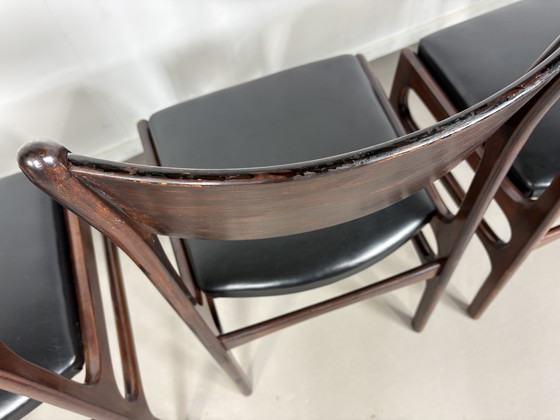 Image 1 of Set off 4 Vintage Palissander Wood With Black skai Leather dining chairs