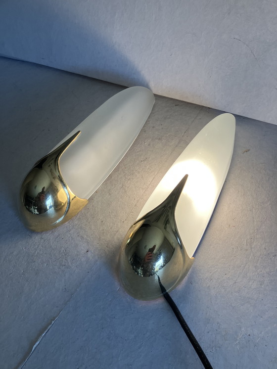 Image 1 of Coppia di lampade da parete vintage Marga, ottone e vetro satinato