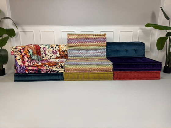 Image 1 of Roche Bobois Mah Jong Designer Sofa Stoff 3-Sitzer handgefertigt MahJong Bunt Frankreich