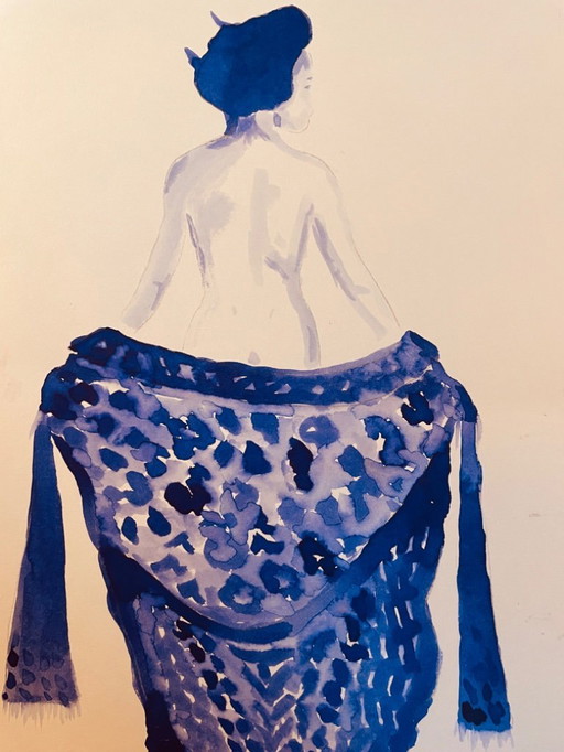 Monochrome Watercolor Indigo Blue Portrait of a Woman "Japan Denim"