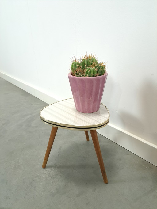 Vintage Side Table With White Gray Striped Top, Plant Table No. 22