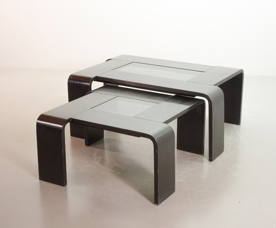 Image 1 of Mid-Century Design Rectangle Ake Fribyter Style Black Lacquered Plywood Coffee Table with Smoked Glass Panel, 1970s