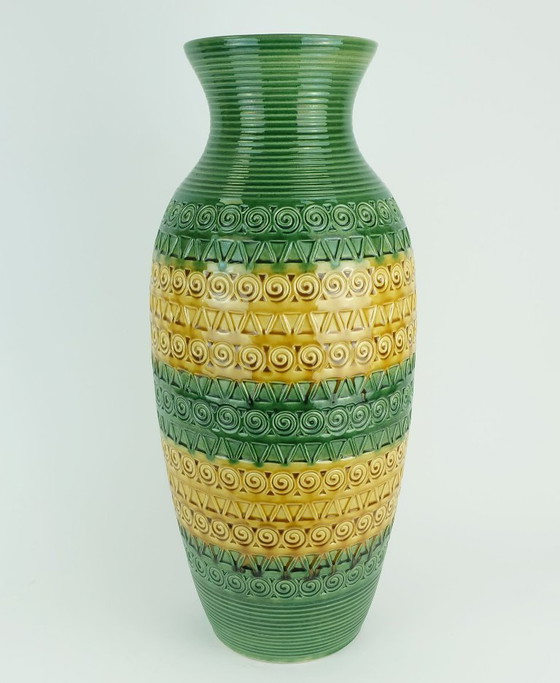 Image 1 of west german 1960s mid century VASE floorvase ü-keramik green ochre relief pattern model 1142-50
