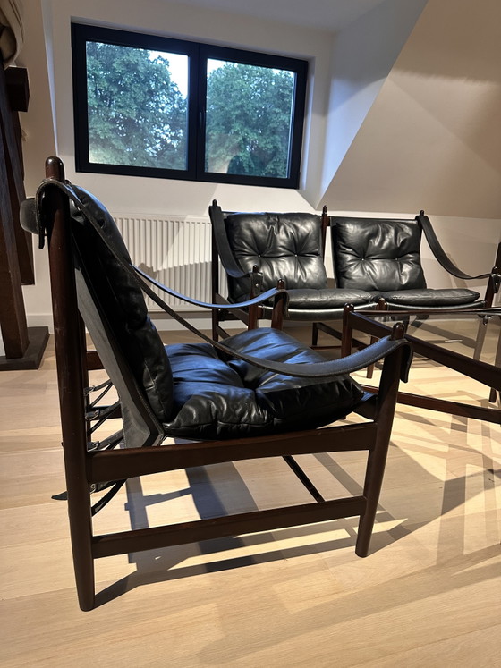 Schwarzes Vollnarbenleder Skandinavisches Safari Sitzecke Set – 1960er Jahre – Wood, Leather (photo 3 of 8)
