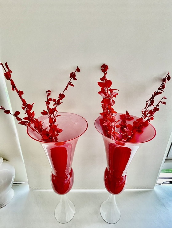 Image 1 of 2 red and white vases with 5 decorative branches made of glass